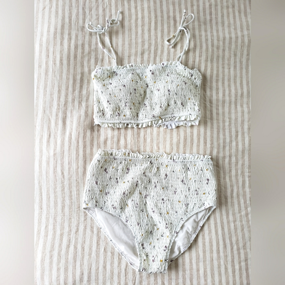 Fin and Vince women's smocked bikini, medium, white w/ yellow and purple flowers